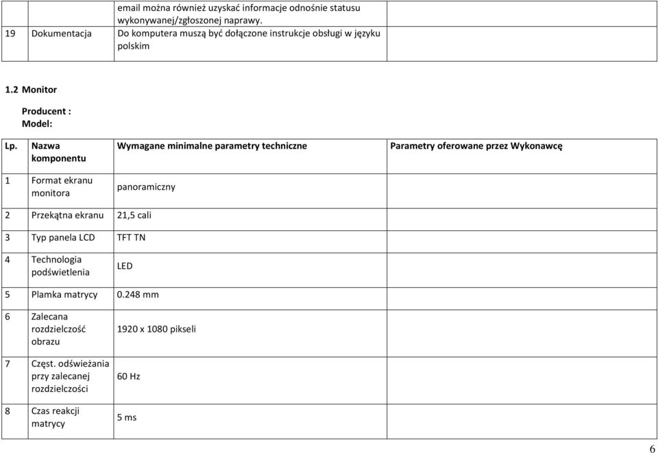 Nazwa komponentu Wymagane minimalne parametry techniczne Parametry oferowane przez Wykonawcę 1 Format ekranu monitora panoramiczny 2 Przekątna