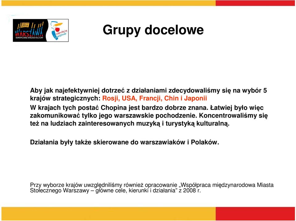 Koncentrowaliśmy się też na ludziach zainteresowanych muzyką i turystyką kulturalną. Działania były także skierowane do warszawiaków i Polaków.