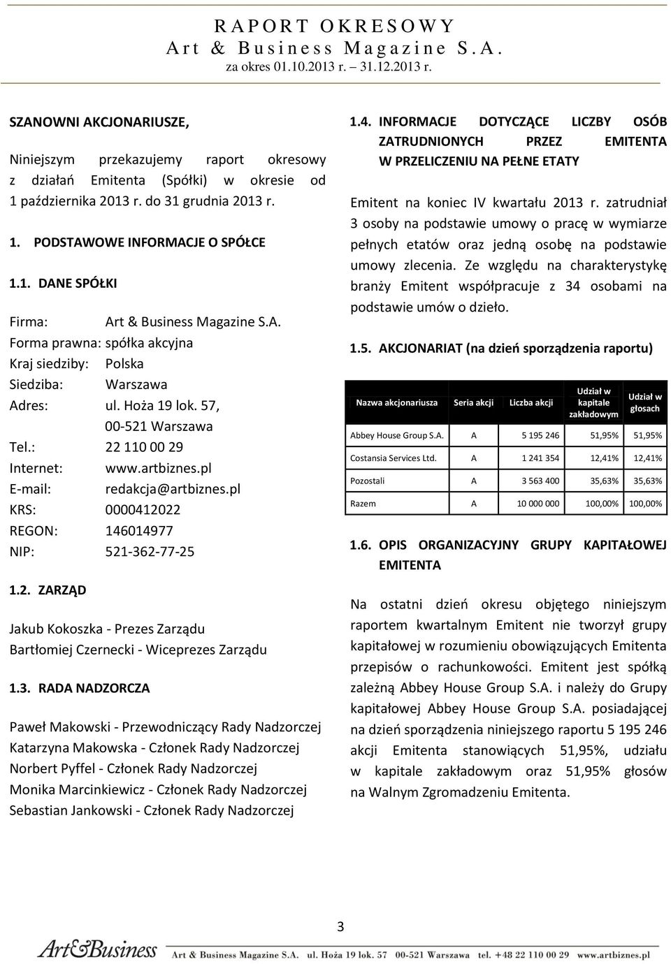 1. DANE SPÓŁKI Firma: Art & Business Magazine S.A. Forma prawna: spółka akcyjna Kraj siedziby: Polska Siedziba: Warszawa Adres: ul. Hoża 19 lok. 57, 00-521 Warszawa Tel.: 22 110 00 29 Internet: www.