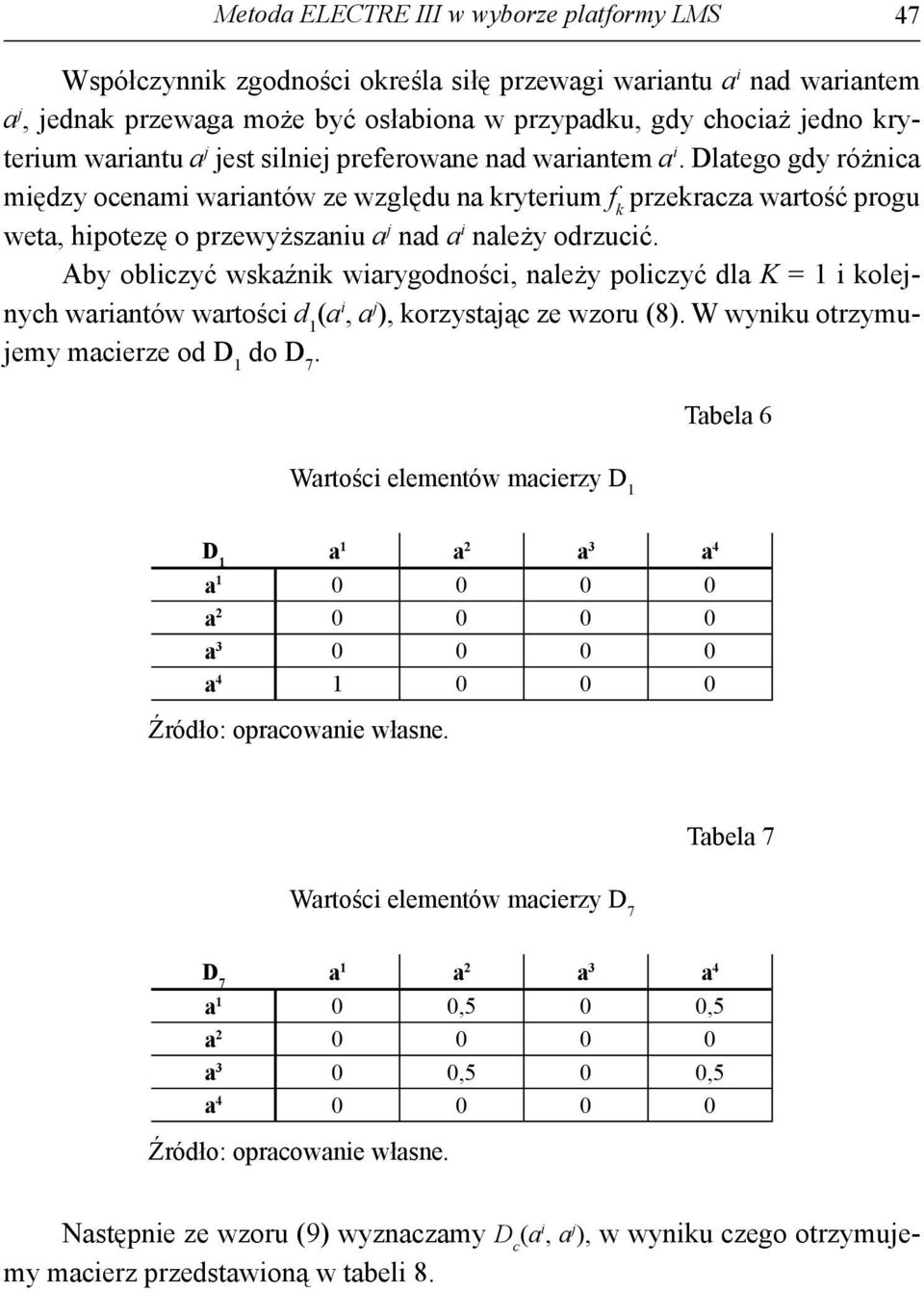 Aby oblczyć wsźn wrygodnośc nleży polczyć dl K = olenych wrntów wrtośc d orzystąc ze wzoru 8. W wynu otrzymuemy mcerze od do 7.