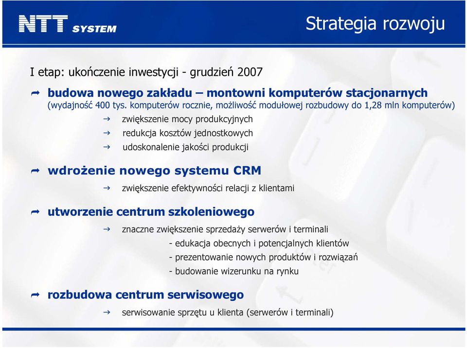 wdrożenie nowego systemu CRM zwiększenie efektywności relacji z klientami utworzenie centrum szkoleniowego znaczne zwiększenie sprzedaży serwerów i terminali -