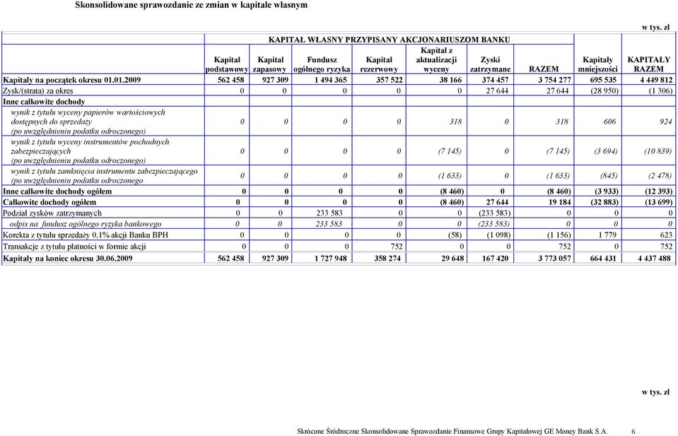 01.2009 562 458 927 309 1 494 365 357 522 38 166 374 457 3 754 277 695 535 4 449 812 Zysk/(strata) za okres 0 0 0 0 0 27 644 27 644 (28 950) (1 306) Inne całkowite dochody wynik z tytułu wyceny
