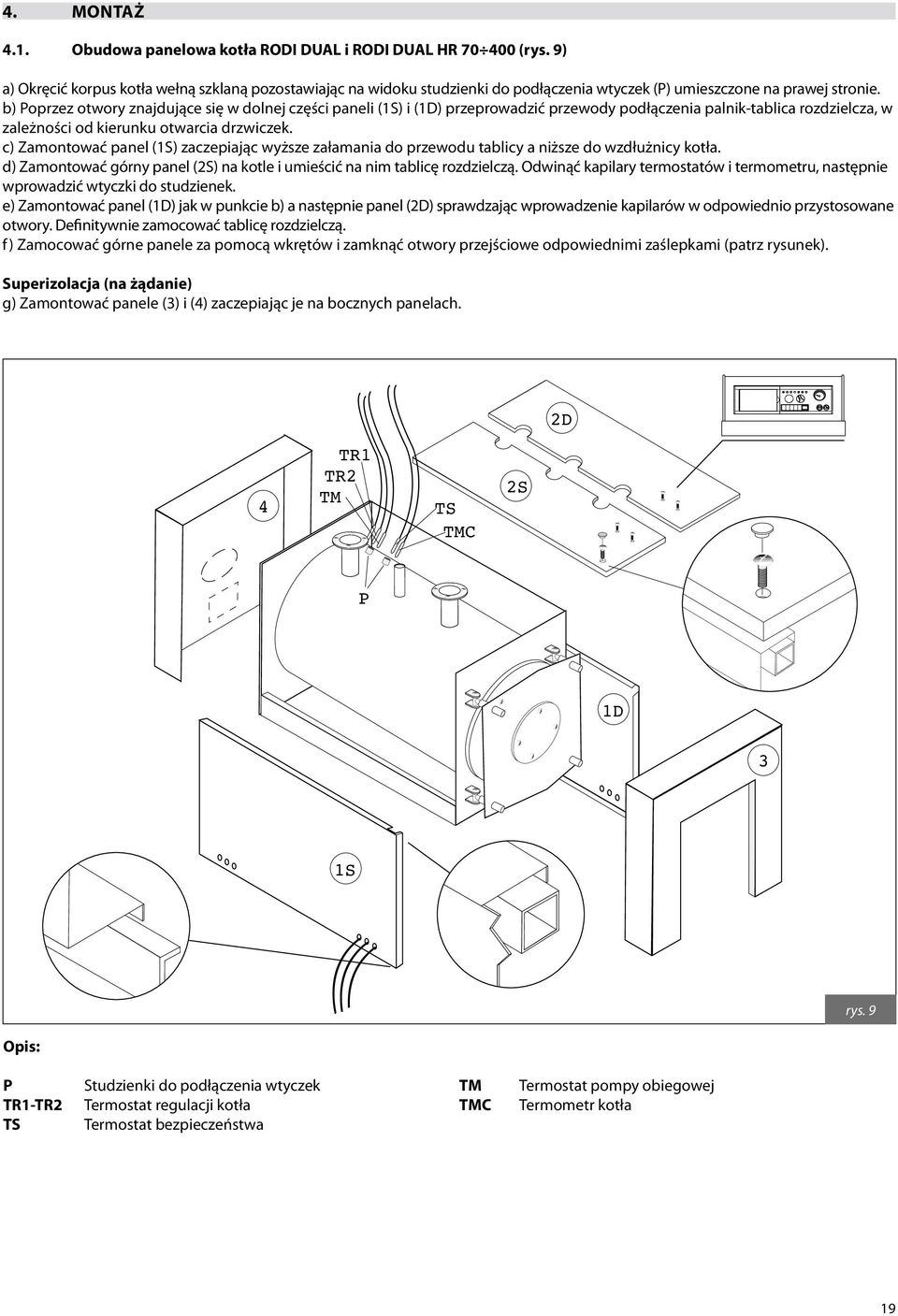 b) Poprzez otwory znajdujące się w dolnej części paneli (1S) i (1D) przeprowadzić przewody podłączenia palnik-tablica rozdzielcza, w zależności od kierunku otwarcia drzwiczek.