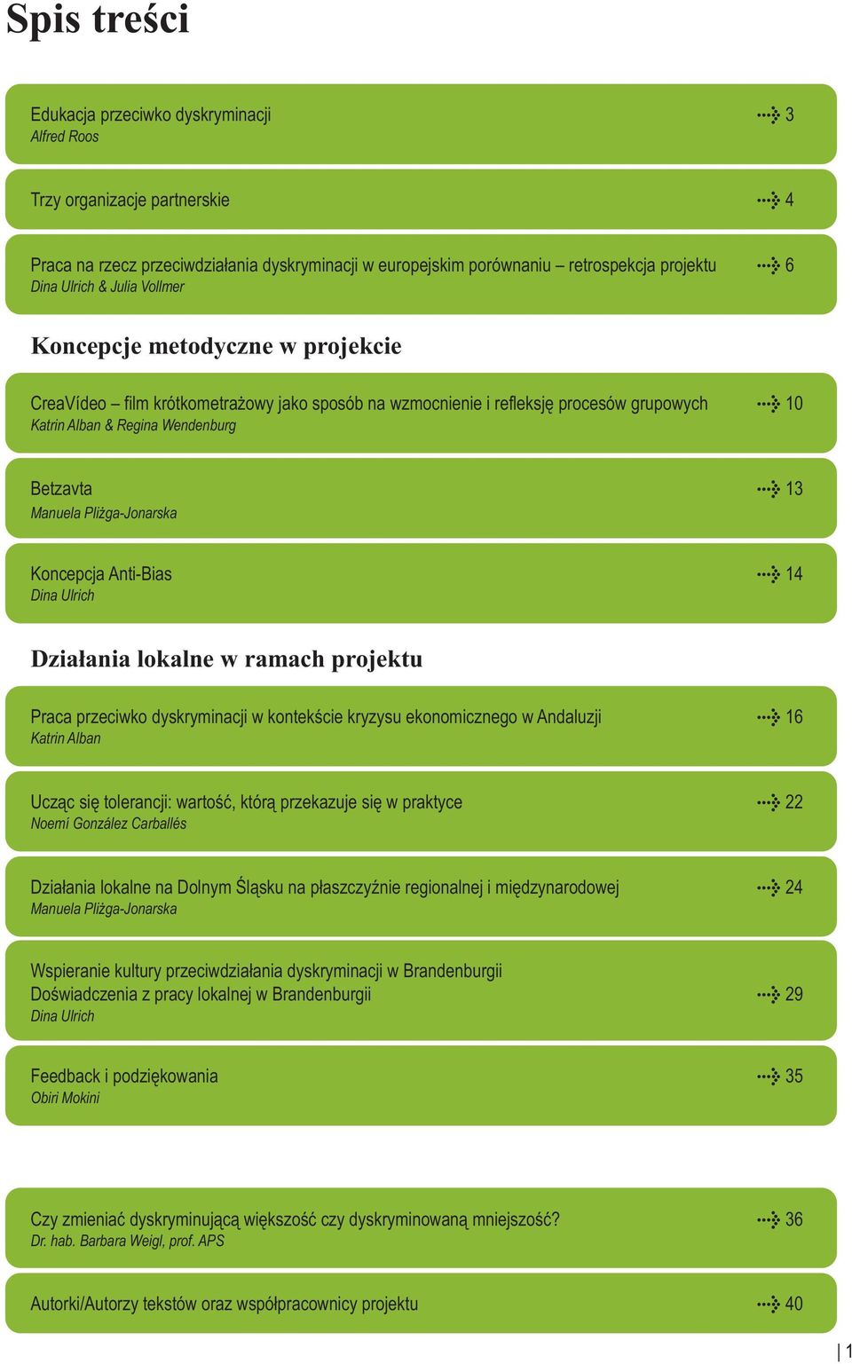 Manuela Pliżga-Jonarska Koncepcja Anti-Bias > 14 Dina Ulrich Działania lokalne w ramach projektu Praca przeciwko dyskryminacji w kontekście kryzysu ekonomicznego w Andaluzji > 16 Katrin Alban Ucząc