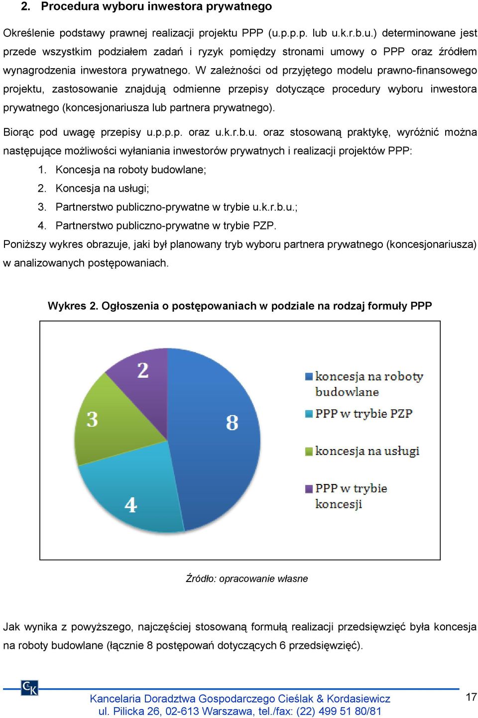 Biorąc pod uwagę przepisy u.p.p.p. oraz u.k.r.b.u. oraz stosowaną praktykę, wyróżnić można następujące możliwości wyłaniania inwestorów prywatnych i realizacji projektów PPP: 1.