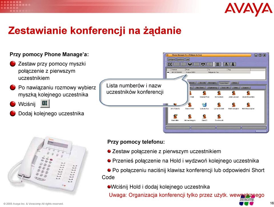 telefonu: Zestaw połączenie z pierwszym uczestnikiem Przenieś połączenie na Hold i wydzwoń kolejnego uczestnika Po połączeniu naciśnij