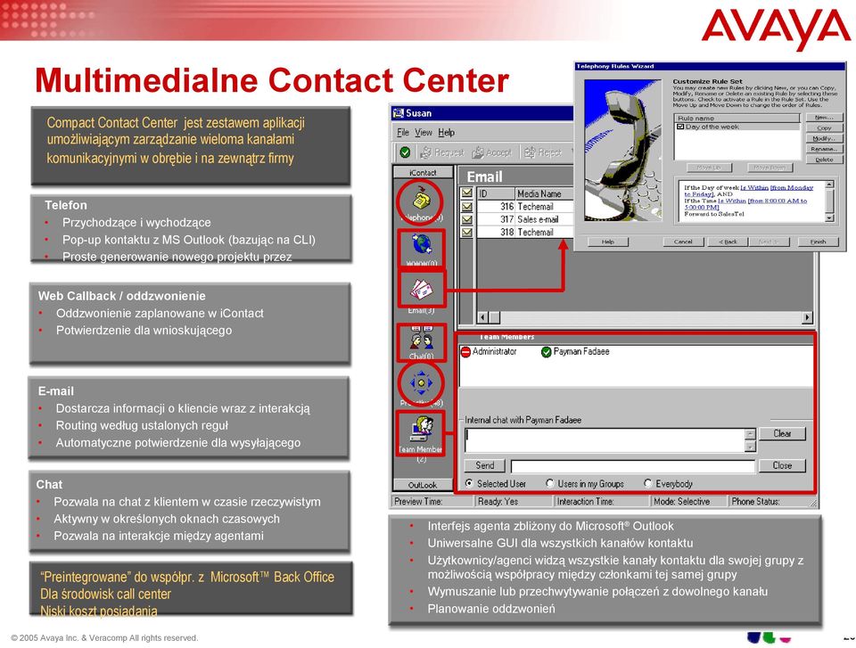 wnioskującego E-mail Dostarcza informacji o kliencie wraz z interakcją Routing według ustalonych reguł Automatyczne potwierdzenie dla wysyłającego Chat Pozwala na chat z klientem w czasie