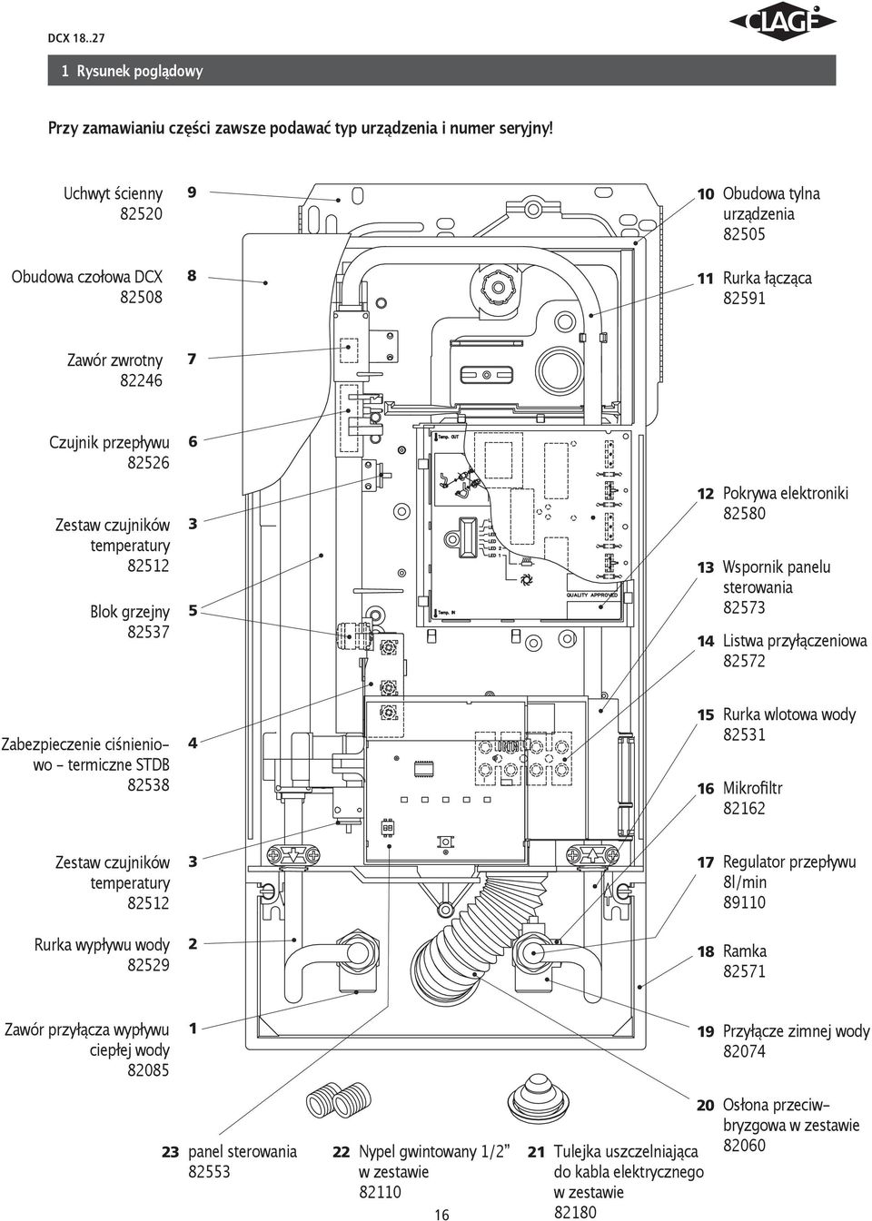 grzejny 82537 6 3 5 12 Pokrywa elektroniki 82580 13 Wspornik panelu sterowania 82573 14 Listwa przyłączeniowa 82572 Zabezpieczenie ciśnieniowo - termiczne STDB 82538 4 15 Rurka wlotowa wody 82531 16