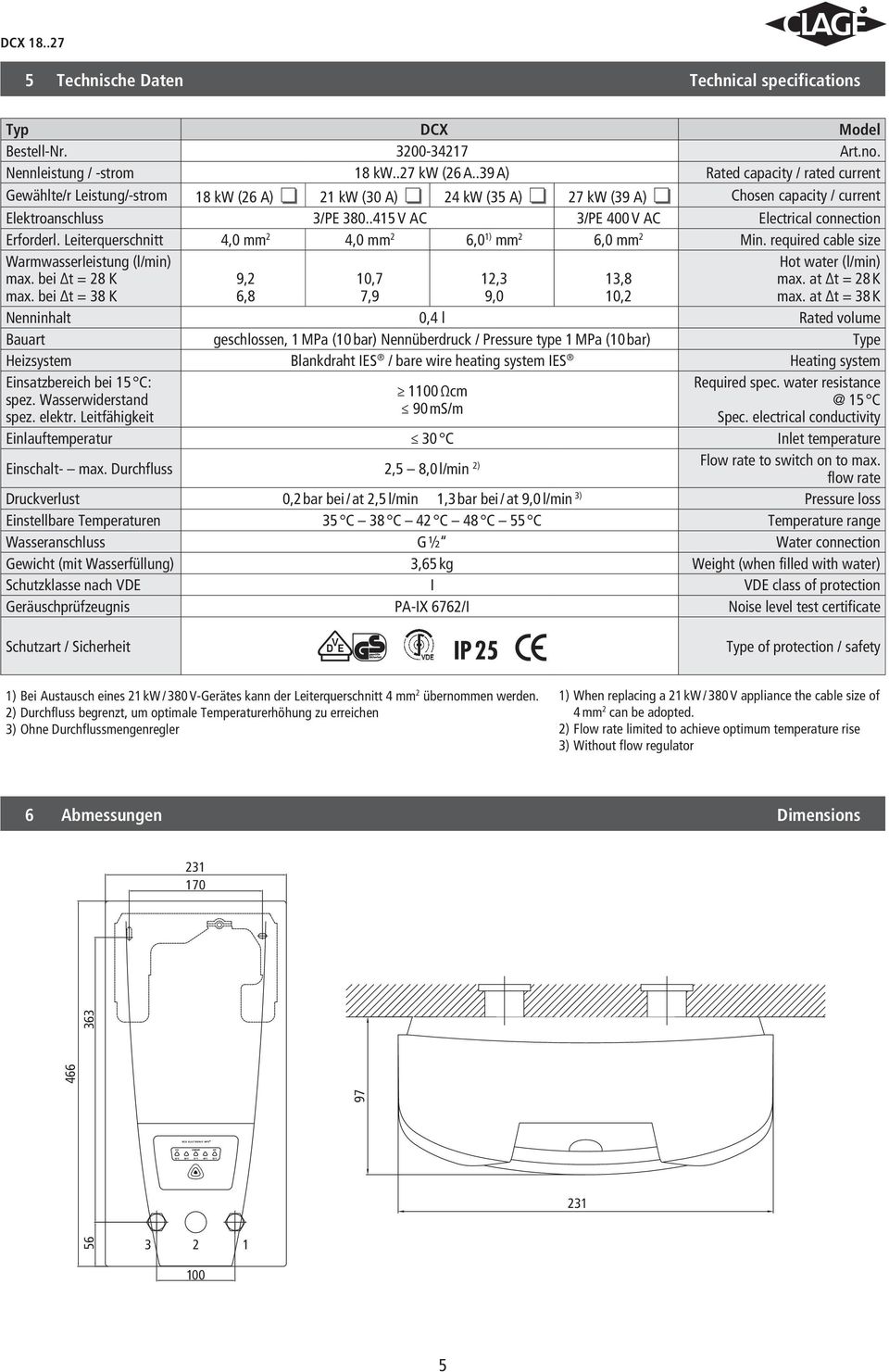 .415 V AC 3/PE 400 V AC Electrical connection Erforderl. Leiterquerschnitt 4,0 mm 2 4,0 mm 2 6,0 1) mm 2 6,0 mm 2 Min. required cable size Warmwasserleistung (l/min) max. bei t = 28 K max.