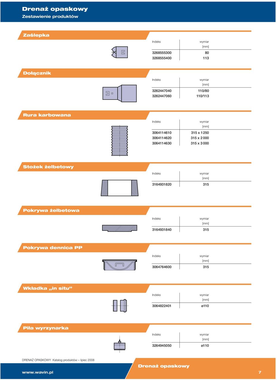 3164931820 315 Pokrywa żelbetowa 3164931840 315 Pokrywa dennica PP 3064764600 315 Wkładka in situ
