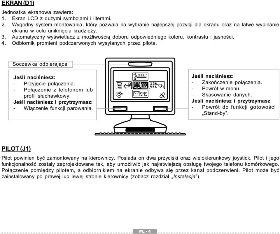 Automatyczny wyświetlacz z możliwością doboru odpowiedniego koloru, kontrastu i jasności. 4. Odbiornik promieni podczerwonych wysyłanych przez pilota.