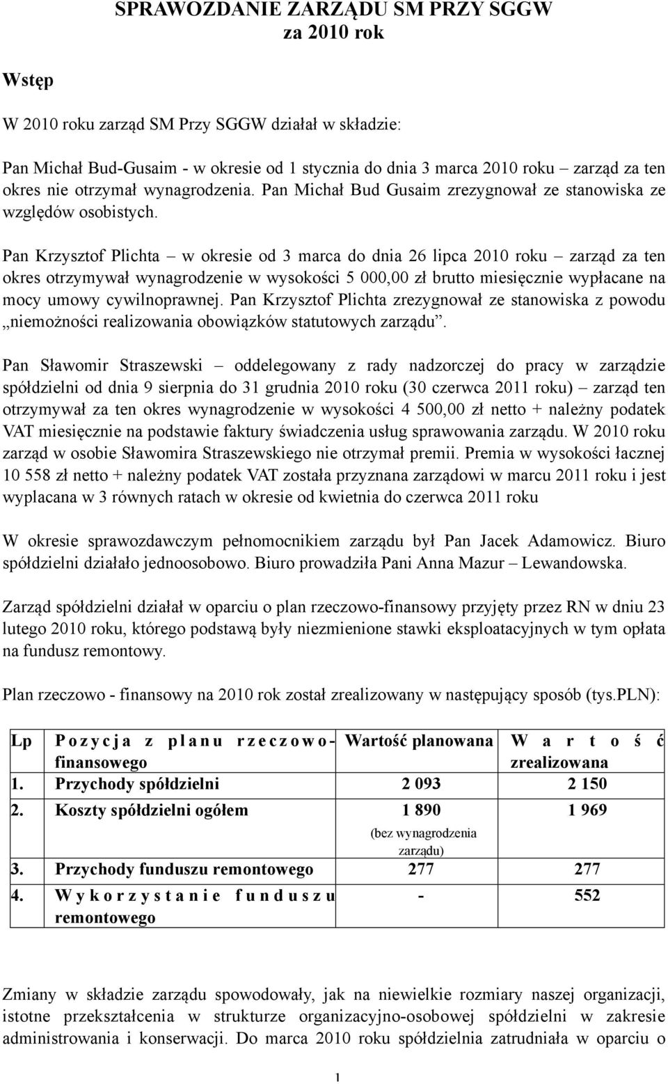 Pan Krzysztof Plichta w okresie od 3 marca do dnia 26 lipca 2010 roku zarząd za ten okres otrzymywał wynagrodzenie w wysokości 5 000,00 zł brutto miesięcznie wypłacane na mocy umowy cywilnoprawnej.