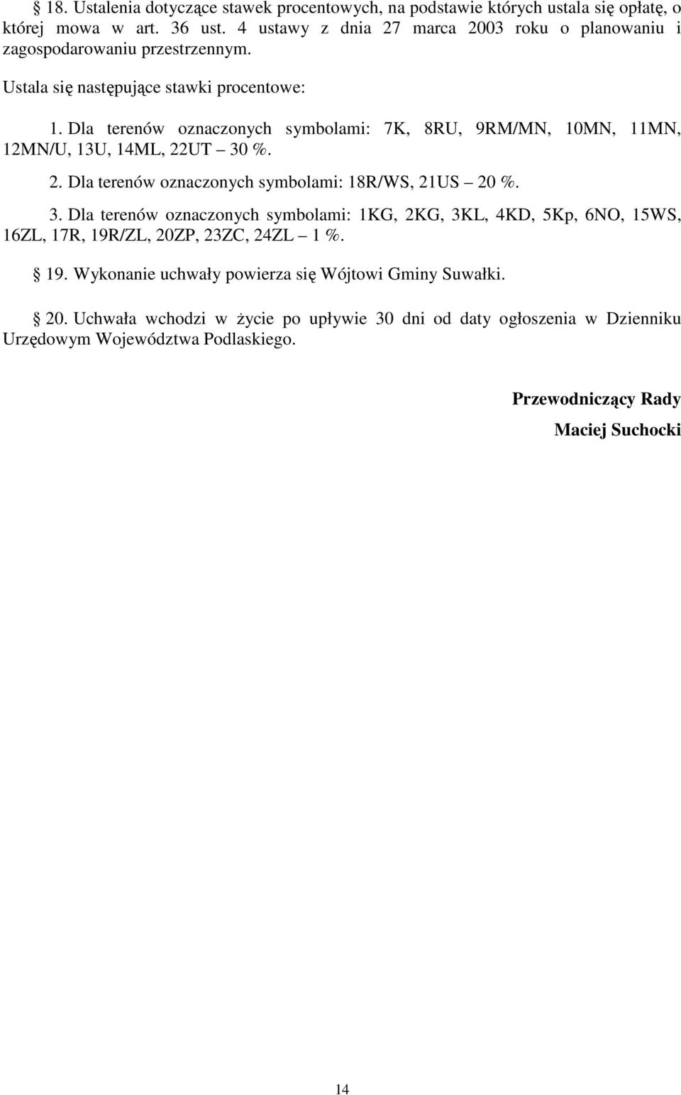 Dla terenów oznaczonych symbolami: 7K, 8RU, 9RM/MN, 10MN, 11MN, 12MN/U, 13U, 14ML, 22UT 30