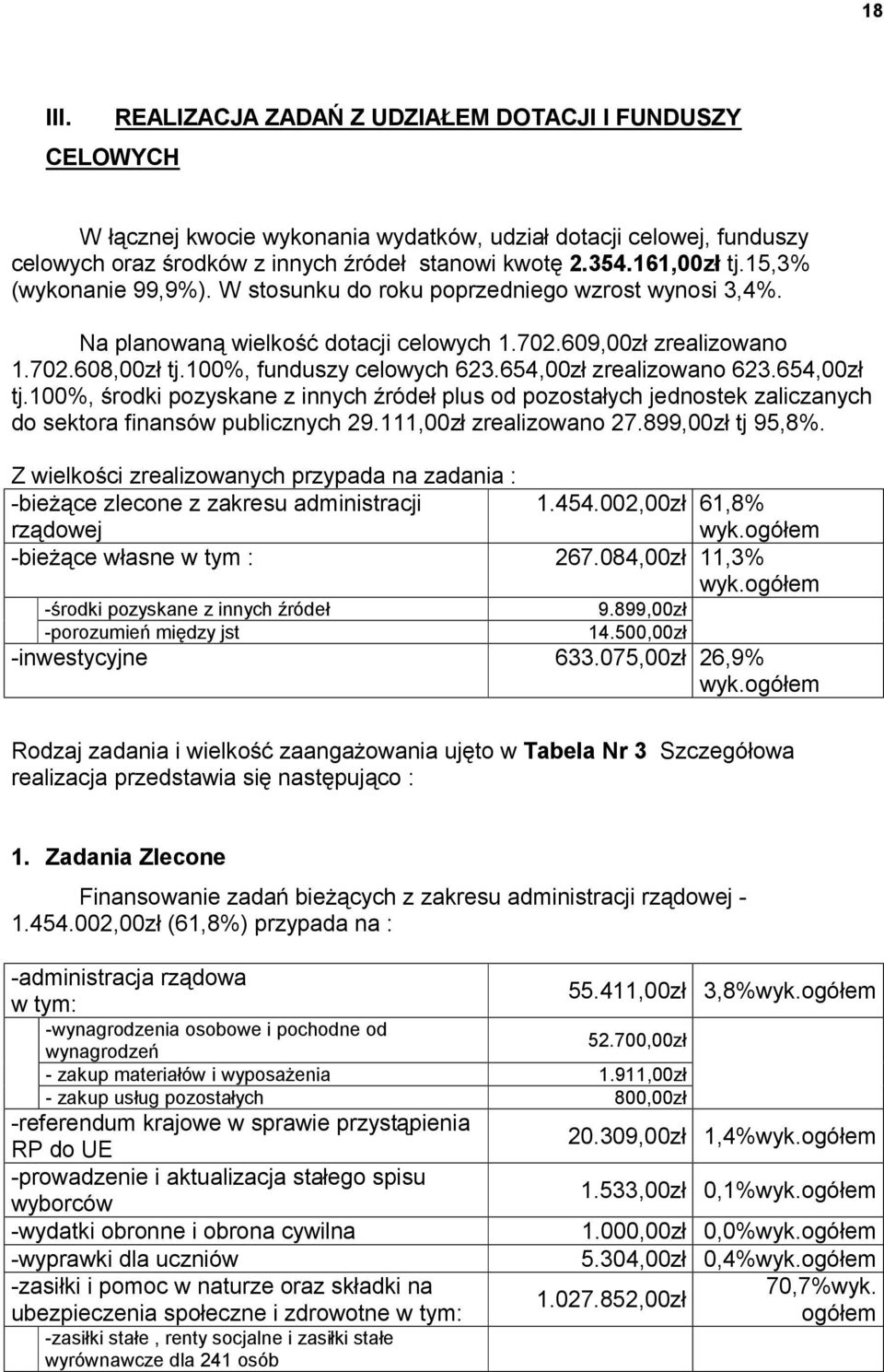 100%, funduszy celowych 623.654,00zł zrealizowano 623.654,00zł tj.100%, środki pozyskane z innych źródeł plus od pozostałych jednostek zaliczanych do sektora finansów publicznych 29.