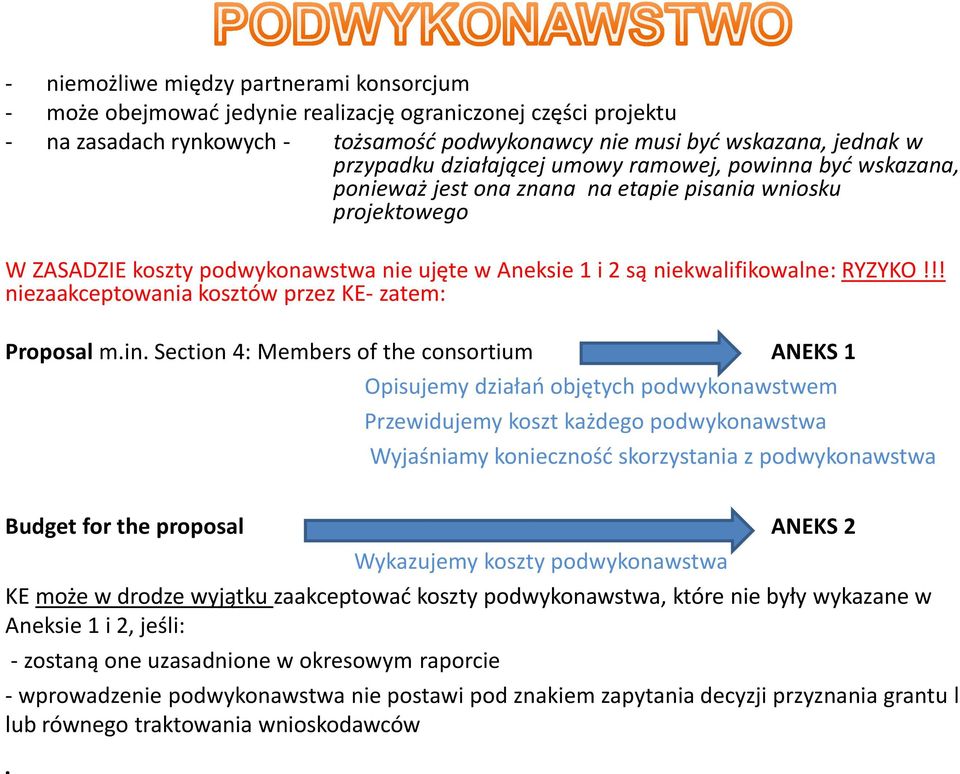 !! niezaakceptowania kosztów przez KE- zatem: Proposal m.in.