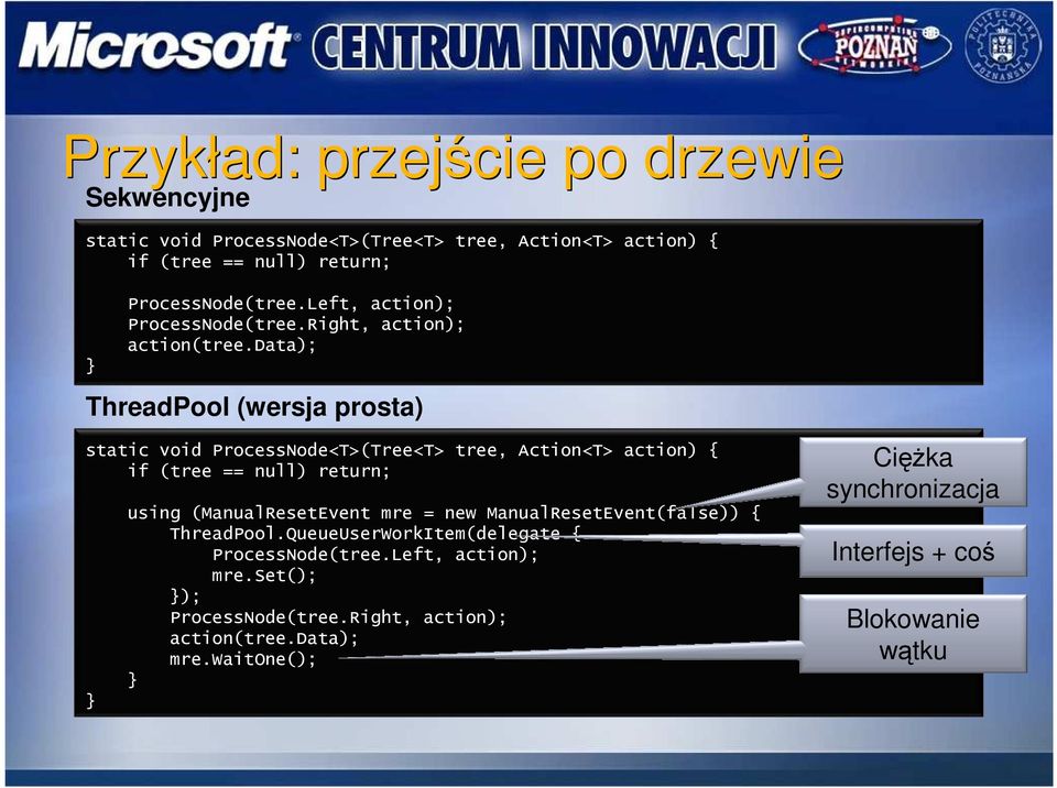 data); ThreadPool (wersja prosta) static void ProcessNode<T>(Tree<T> tree, Action<T> action) { if (tree == null) return; } using (ManualResetEvent mre