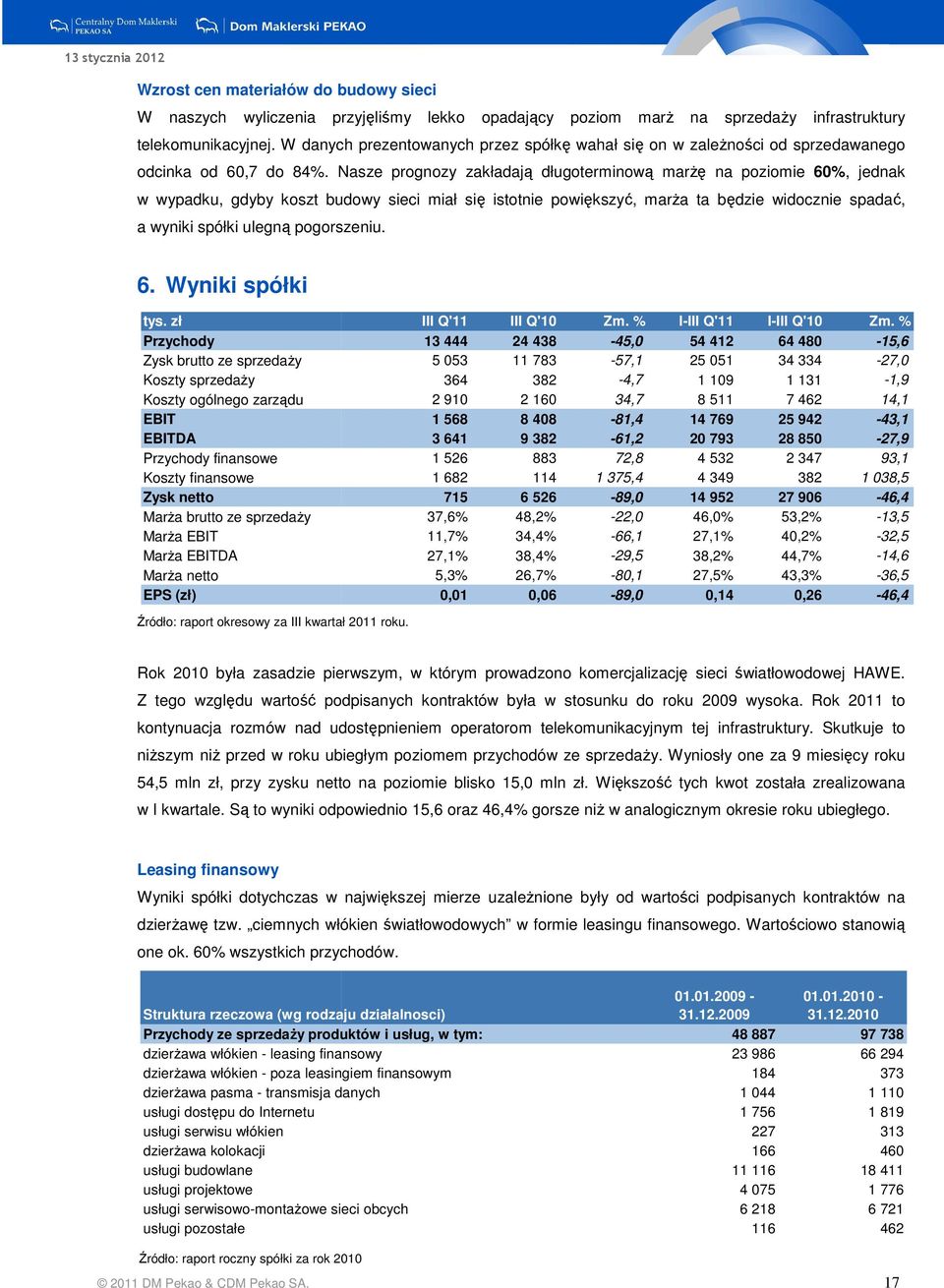 Nasze prognozy zakładają długoterminową marŝę na poziomie 6%, jednak w wypadku, gdyby koszt budowy sieci miał się istotnie powiększyć, marŝa ta będzie widocznie spadać, a wyniki spółki ulegną