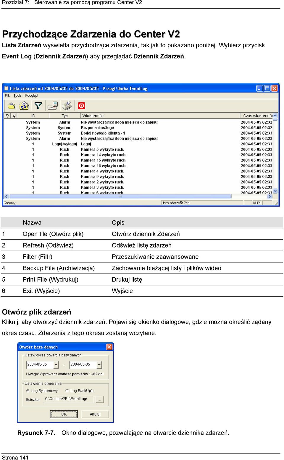 Nazwa Opis 1 Open file (Otwórz plik) Otwórz dziennik Zdarzeń 2 Refresh (Odśwież) Odśwież listę zdarzeń 3 Filter (Filtr) Przeszukiwanie zaawansowane 4 Backup File (Archiwizacja)
