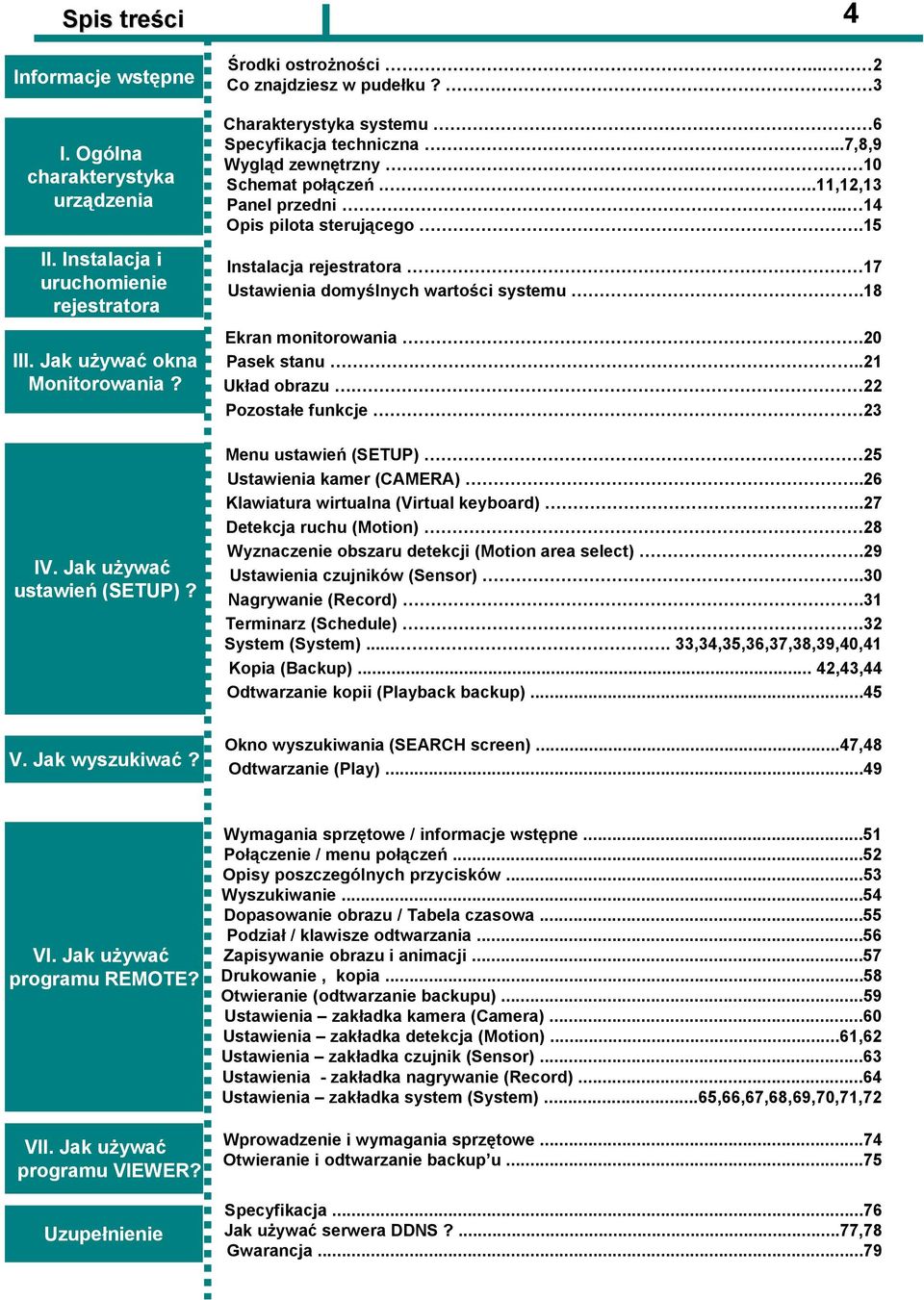 15 Instalacja rejestratora 17 Ustawienia domyślnych wartości systemu.18 Ekran monitorowania.20 Pasek stanu..21 Układ obrazu. 22 Pozostałe funkcje 23 Menu ustawień (SETUP) 25 Ustawienia kamer (CAMERA).