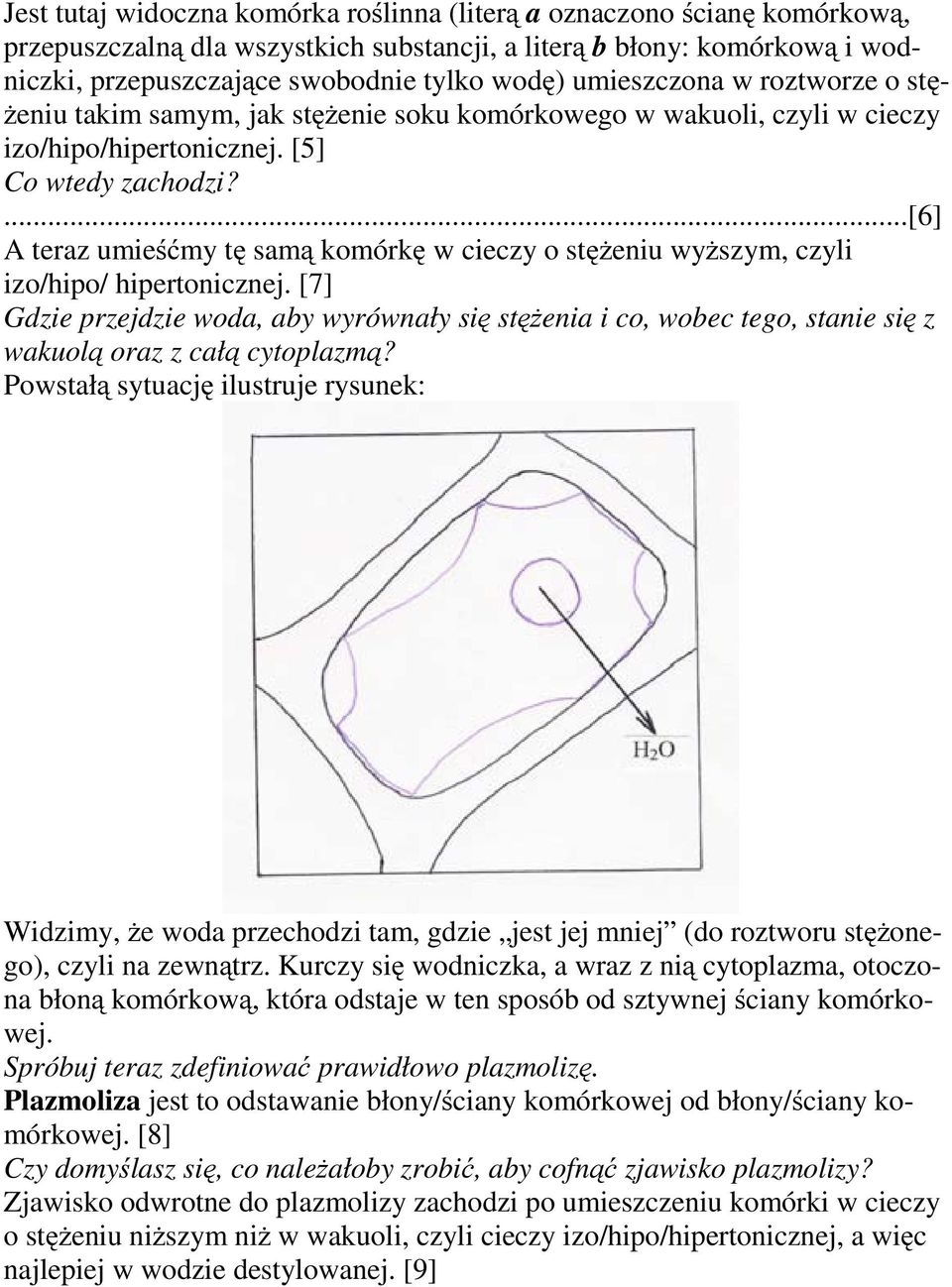 ...[6] A teraz umieśćmy tę samą komórkę w cieczy o stężeniu wyższym, czyli izo/hipo/ hipertonicznej.