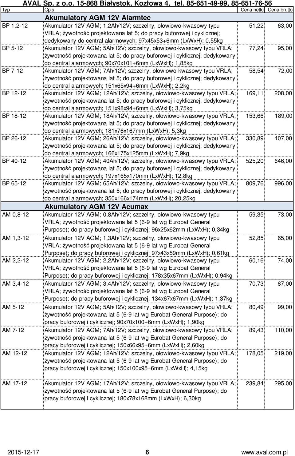 dedykowany do central alarmowych; 90x70x101+6mm (LxWxH); 1,85kg BP 7-12 Akumulator 12V AGM; 7Ah/12V; szczelny, ołowiowo-kwasowy typu VRLA; 58,54 72,00 żywotność projektowana lat 5; do pracy buforowej