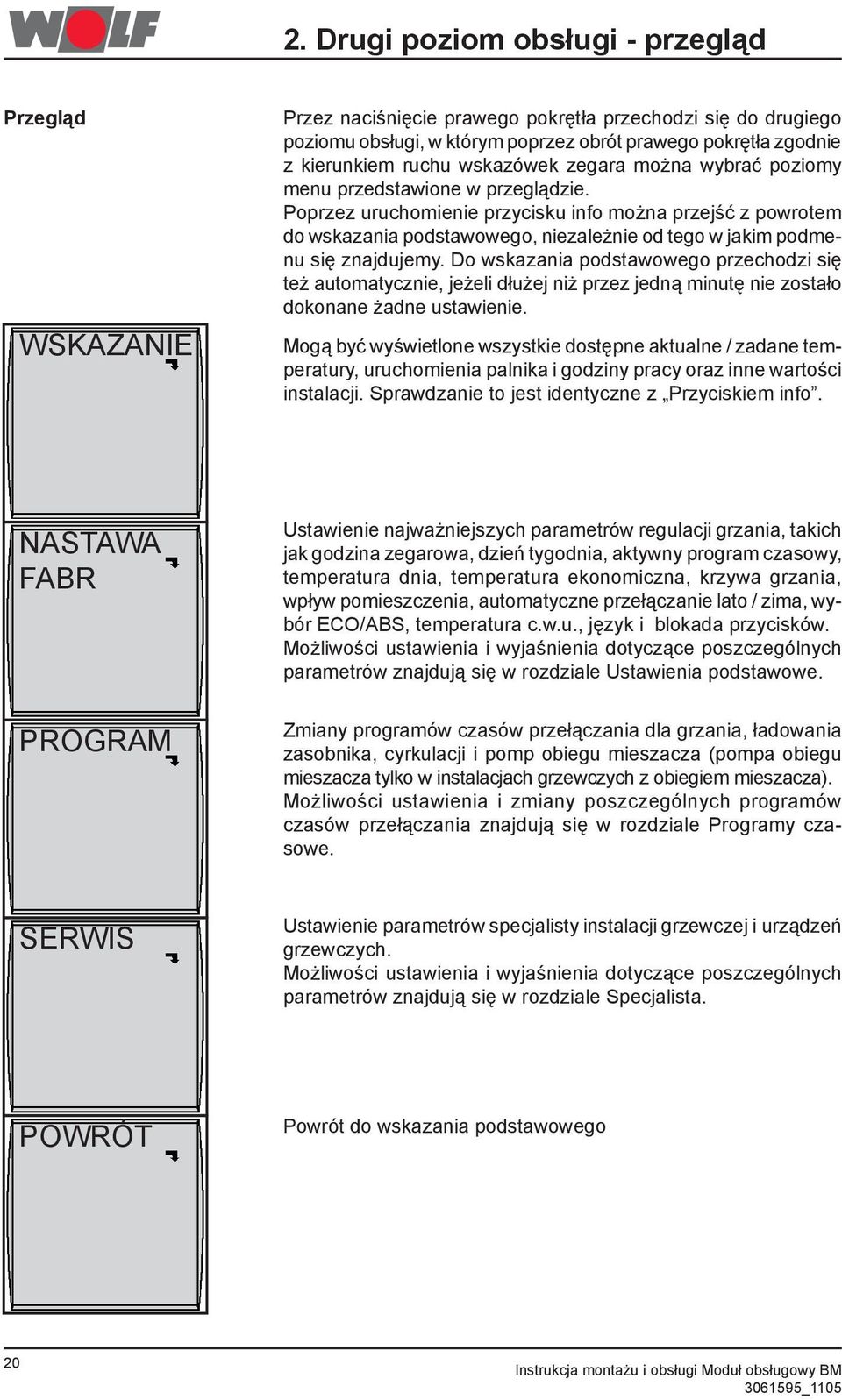 Poprzez uruchomienie przycisku info można przejść z powrotem do wskazania podstawowego, niezależnie od tego w jakim podmenu się znajdujemy.