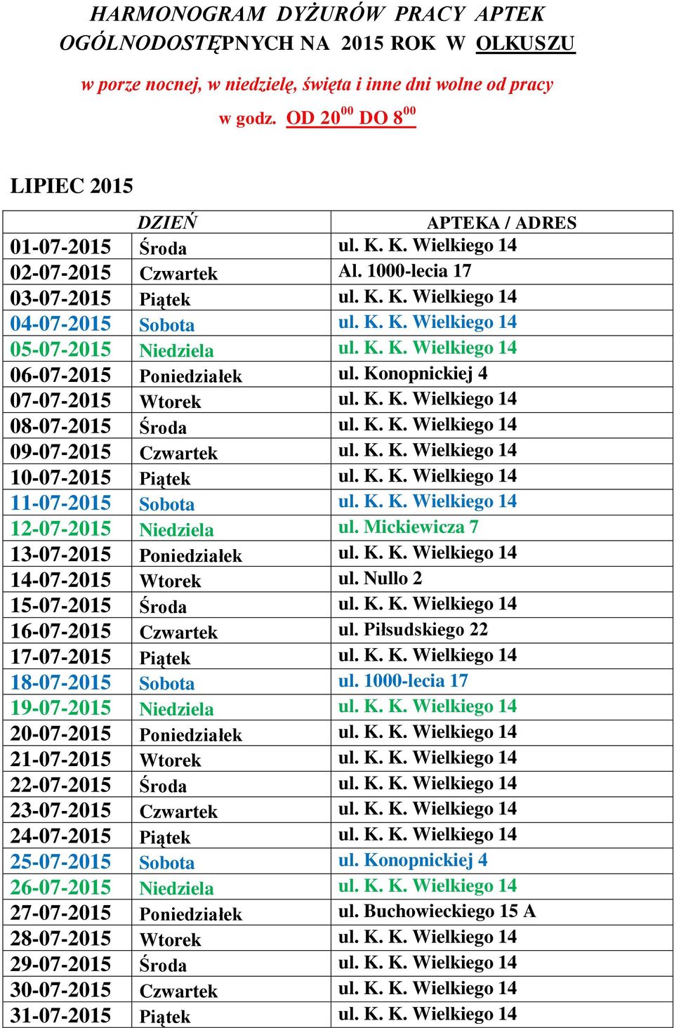 K. K. Wielkiego 14 12-07-2015 Niedziela ul. Mickiewicza 7 13-07-2015 Poniedziałek ul. K. K. Wielkiego 14 14-07-2015 Wtorek ul. Nullo 2 15-07-2015 Środa ul. K. K. Wielkiego 14 16-07-2015 Czwartek ul.