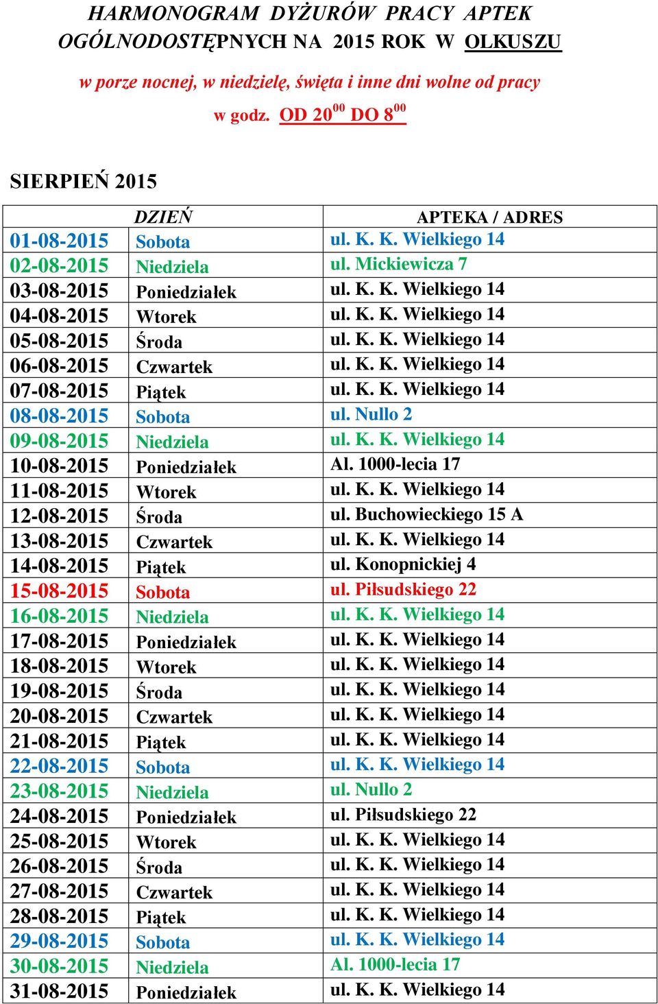 1000-lecia 17 11-08-2015 Wtorek ul. K. K. Wielkiego 14 12-08-2015 Środa ul. Buchowieckiego 15 A 13-08-2015 Czwartek ul. K. K. Wielkiego 14 14-08-2015 Piątek ul. Konopnickiej 4 15-08-2015 Sobota ul.