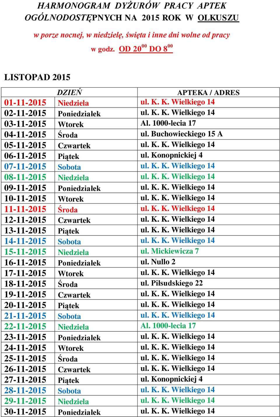 K. K. Wielkiego 14 10-11-2015 Wtorek ul. K. K. Wielkiego 14 11-11-2015 Środa ul. K. K. Wielkiego 14 12-11-2015 Czwartek ul. K. K. Wielkiego 14 13-11-2015 Piątek ul. K. K. Wielkiego 14 14-11-2015 Sobota ul.