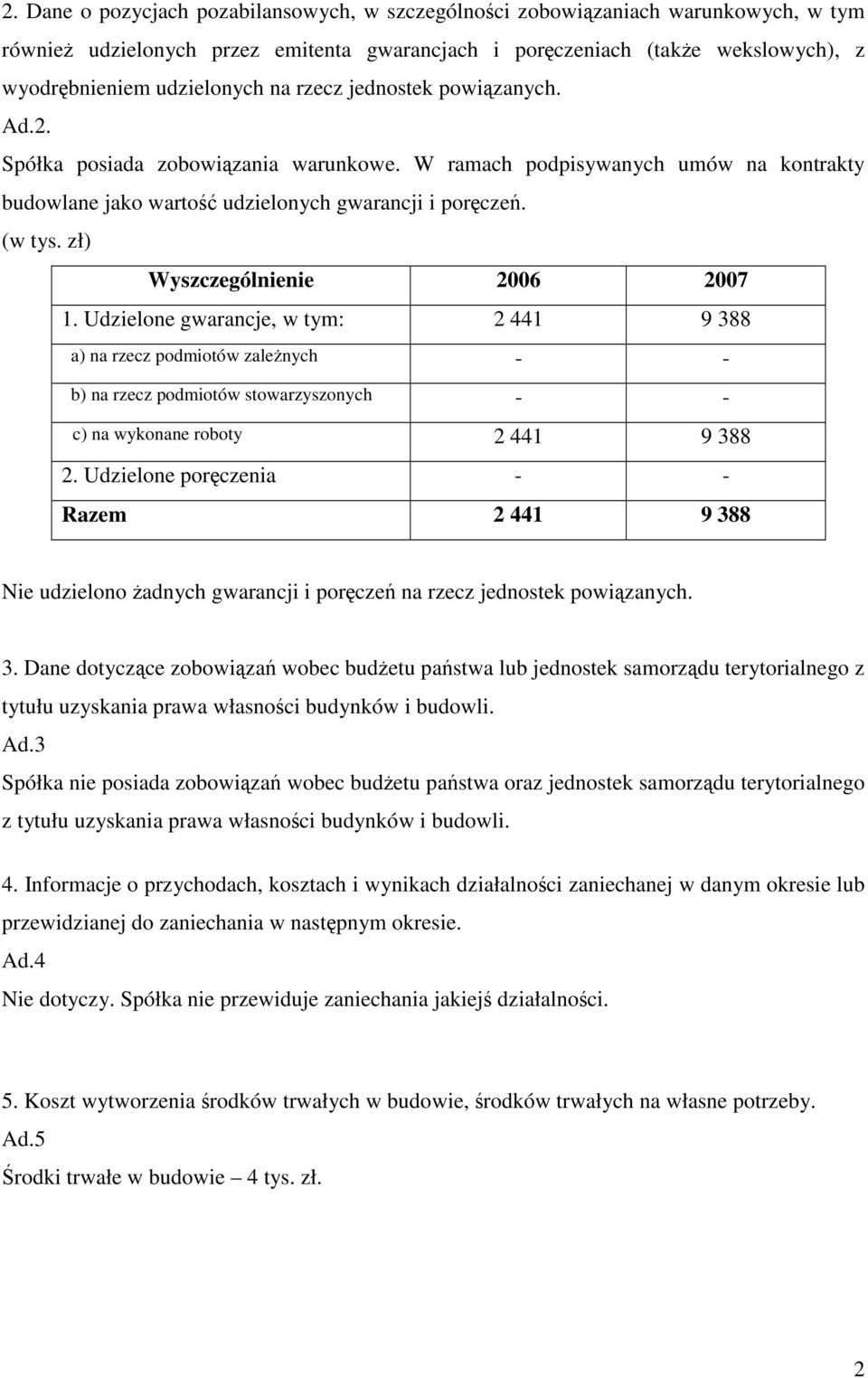 zł) Wyszczególnienie 2006 2007 1. Udzielone gwarancje, w tym: 2 441 9 388 a) na rzecz podmiotów zalenych - - b) na rzecz podmiotów stowarzyszonych - - c) na wykonane roboty 2 441 9 388 2.