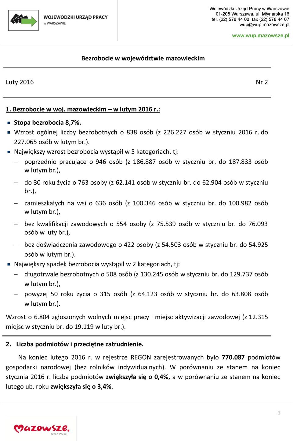 ), do 30 roku życia o 763 osoby (z 62.141 osób w styczniu br. do 62.904 osób w styczniu br.), zamieszkałych na wsi o 636 osób (z 100.346 osób w styczniu br. do 100.982 osób w lutym br.