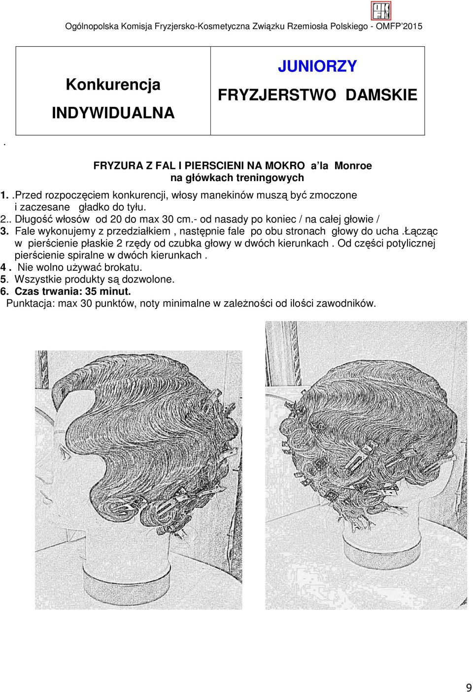 . Długość włosów od 20 do max 30 cm.- od nasady po koniec / na całej głowie / 3. Fale wykonujemy z przedziałkiem, następnie fale po obu stronach głowy do ucha.