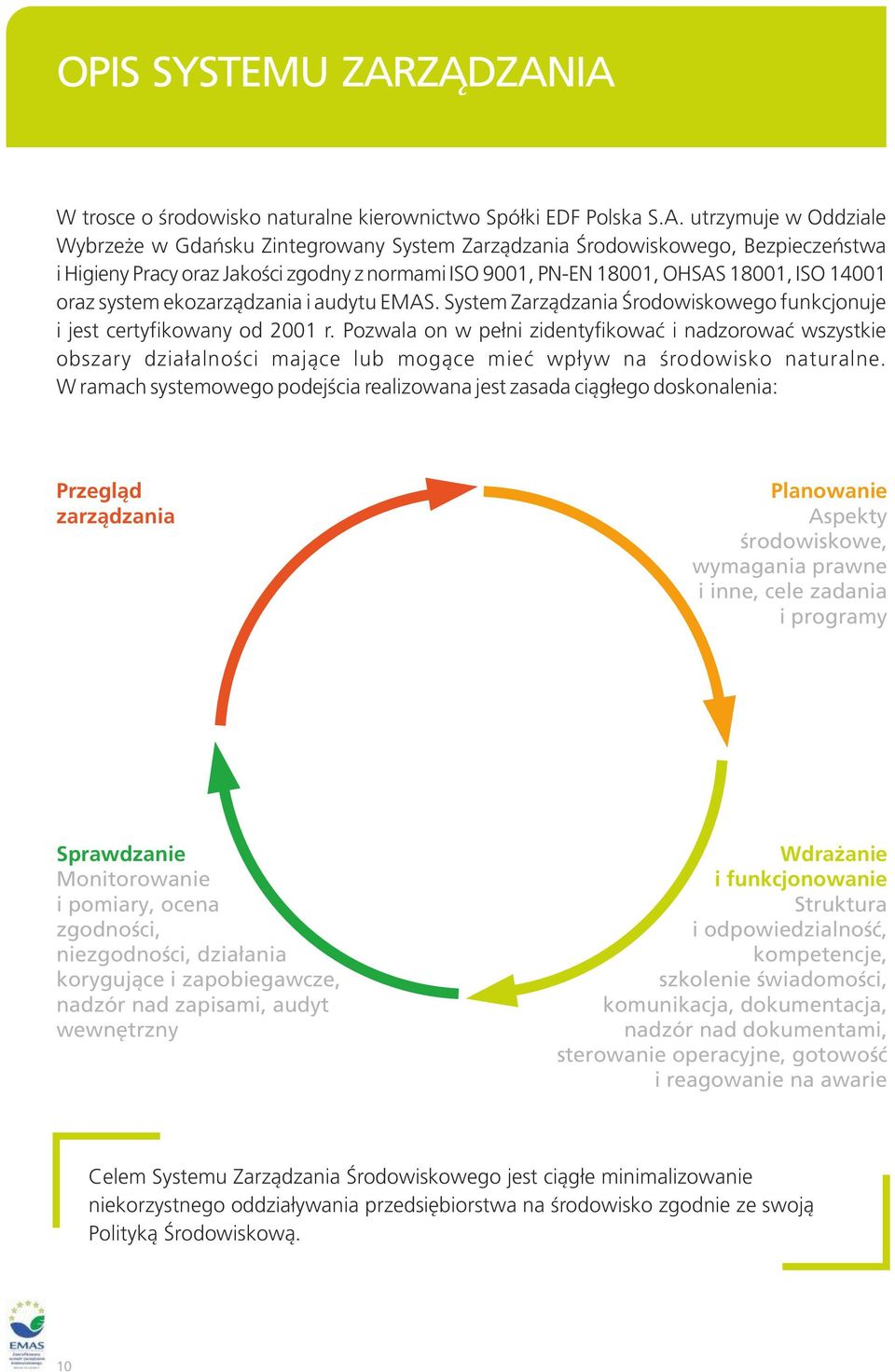 IA W trosce o środowisko naturalne kierownictwo Spółki EDF Polska S.A. utrzymuje w Oddziale Wybrzeże w Gdańsku Zintegrowany System Zarządzania Środowiskowego, Bezpieczeństwa i Higieny Pracy oraz