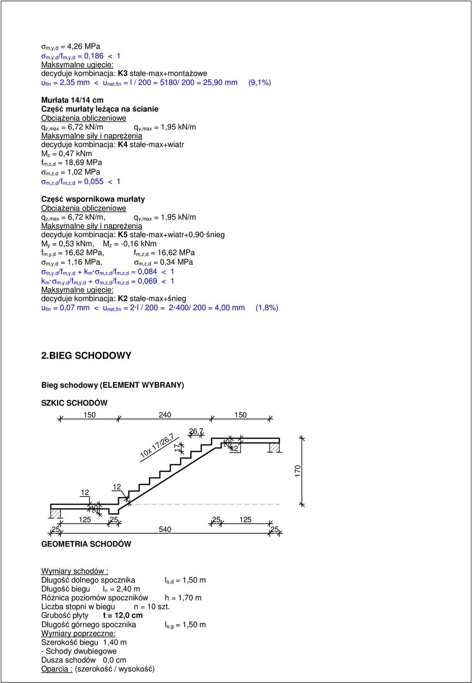 σ m,z,d = 1,02 MPa σ m,z,d/f m,z,d = 0,055 < 1 Część wspornikowa murłaty Obciążenia obliczeniowe q z,max = 6,72 kn/m, q y,max = 1,95 kn/m Maksymalne siły i naprężenia decyduje kombinacja: K5