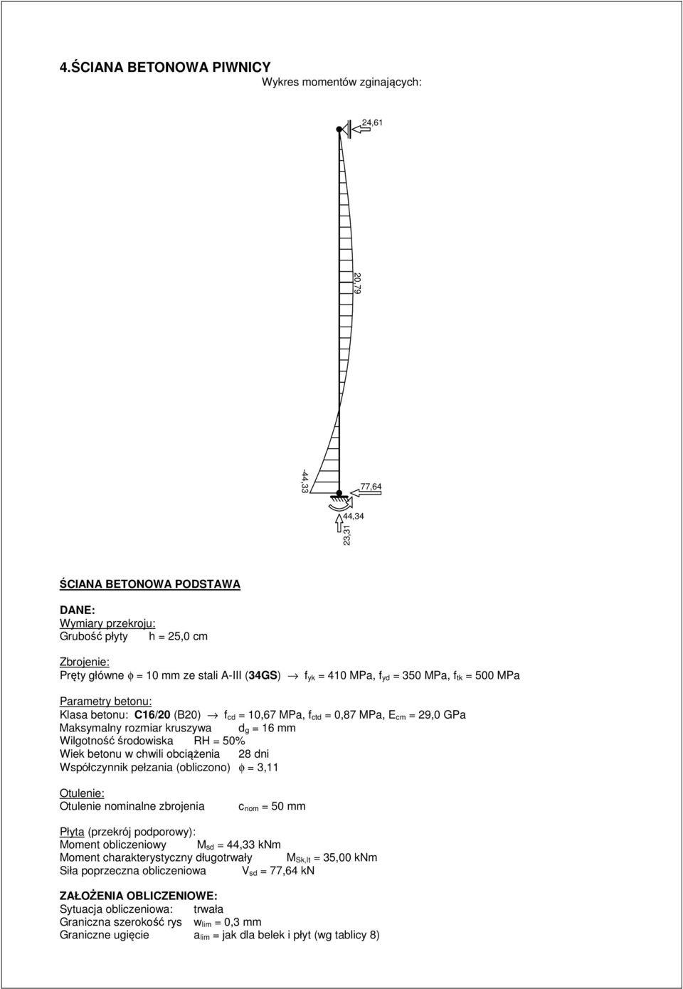 g = 16 mm Wilgotność środowiska RH = 50% Wiek betonu w chwili obciążenia 28 dni Współczynnik pełzania (obliczono) φ = 3,11 Otulenie: Otulenie nominalne zbrojenia c nom = 50 mm Płyta (przekrój