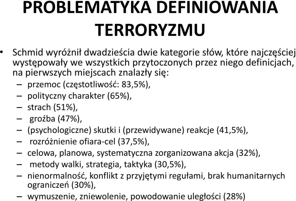 skutki i (przewidywane) reakcje (41,5%), rozróżnienie ofiara-cel (37,5%), celowa, planowa, systematyczna zorganizowana akcja (32%), metody walki,