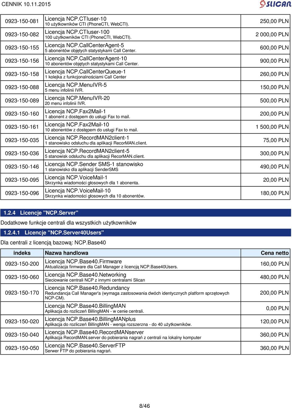 Licencja NCP.CallCenterAgent-10 10 abonentów objętych statystykami Call Center. Licencja NCP.CallCenterQueue-1 1 kolejka z funkcjonalnościami Call Center Licencja NCP.MenuIVR-5 5 menu infolinii IVR.