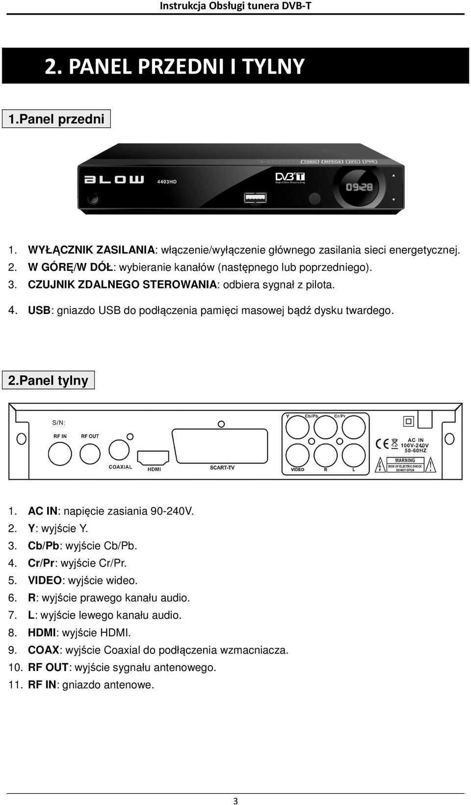 USB: gniazdo USB do podłączenia pamięci masowej bądź dysku twardego. 2.Panel tylny 1. AC IN: napięcie zasiania 90-240V. 2. Y: wyjście Y. 3. Cb/Pb: wyjście Cb/Pb. 4.