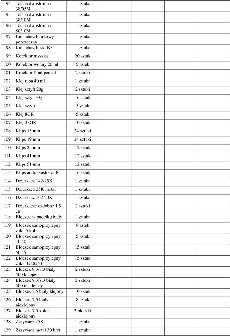 Klej sztyft 5 sztuk 106 Klej 8GR 5 sztuk 107 Klej 38GR 10 sztuk 108 Klips 15 mm 24 sztuki 109 Klips 19 mm 24 sztuki 110 Klips 25 mm 12 sztuk 111 Klips 41 mm 12 sztuk 112 Klips 51 mm 12 sztuk 113