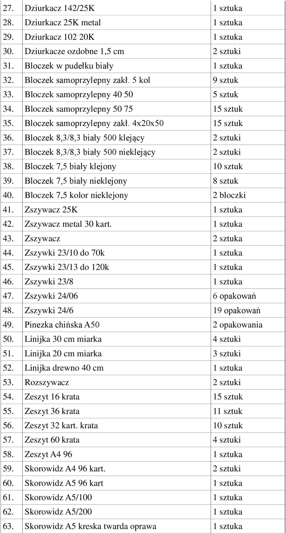 Bloczek 8,3/8,3 biały 500 klejący 2 sztuki 37. Bloczek 8,3/8,3 biały 500 nieklejący 2 sztuki 38. Bloczek 7,5 biały klejony 10 sztuk 39. Bloczek 7,5 biały nieklejony 8 sztuk 40.