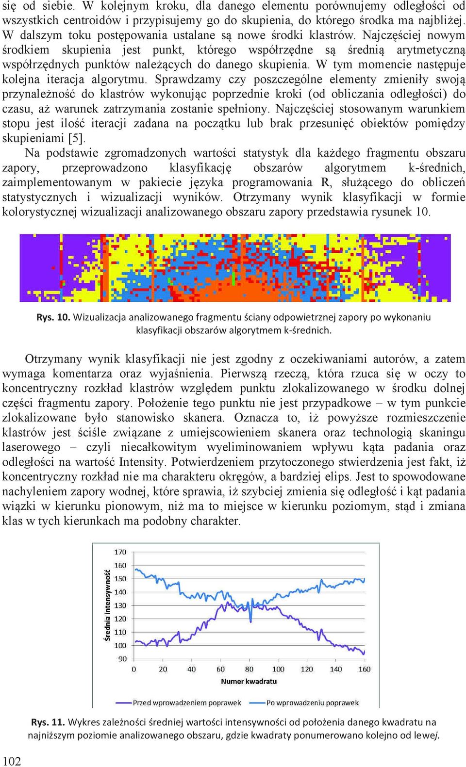 Najczęściej nowym środkiem skupienia jest punkt, którego współrzędne są średnią arytmetyczną współrzędnych punktów należących do danego skupienia. W tym momencie następuje kolejna iteracja algorytmu.