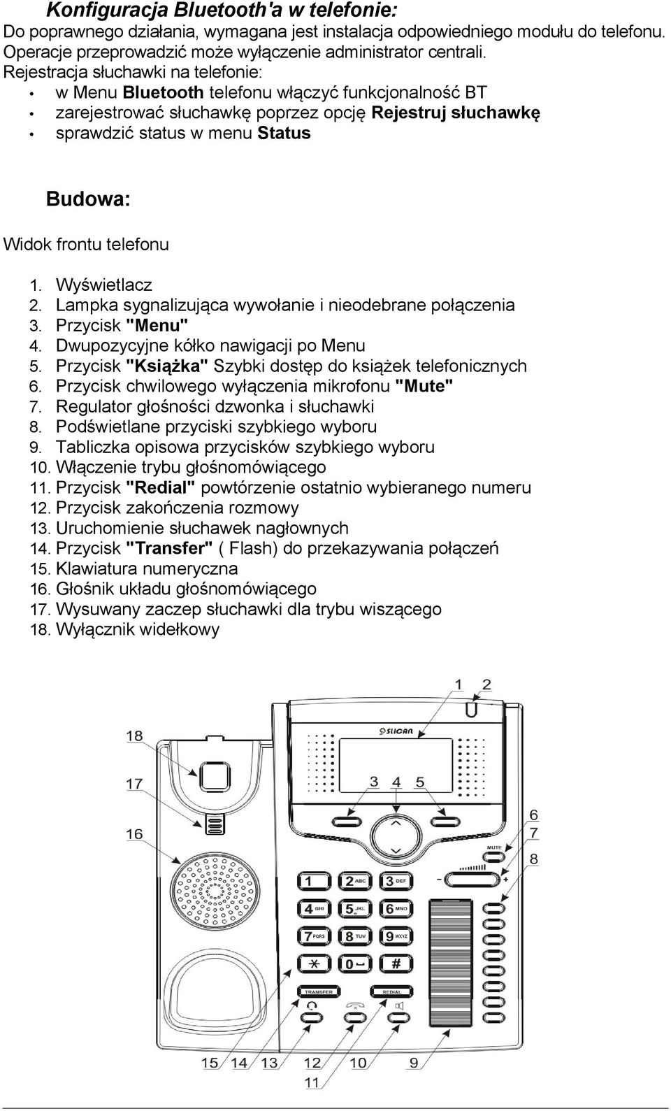 telefonu 1. Wyświetlacz 2. Lampka sygnalizująca wywołanie i nieodebrane połączenia 3. Przycisk "Menu" 4. Dwupozycyjne kółko nawigacji po Menu 5.