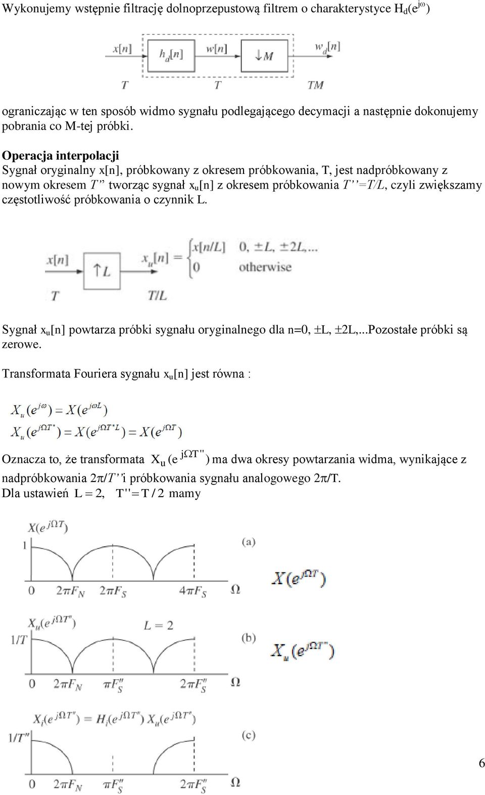 Operacja interpolacji Sygnał oryginalny x[n], próbkowany z okresem próbkowania, T, jest nadpróbkowany z nowym okresem T tworząc sygnał x u [n] z okresem próbkowania T =T/L, czyli zwiększamy