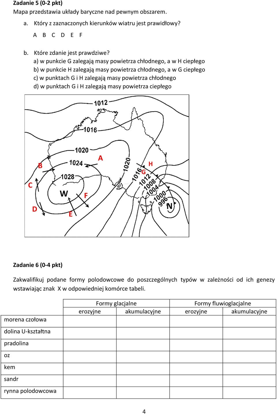 w punktach G i H zalegają masy powietrza ciepłego B A G H C D W E F N Zadanie 6 (0-4 pkt) Zakwalifikuj podane formy polodowcowe do poszczególnych typów w zależności od ich genezy