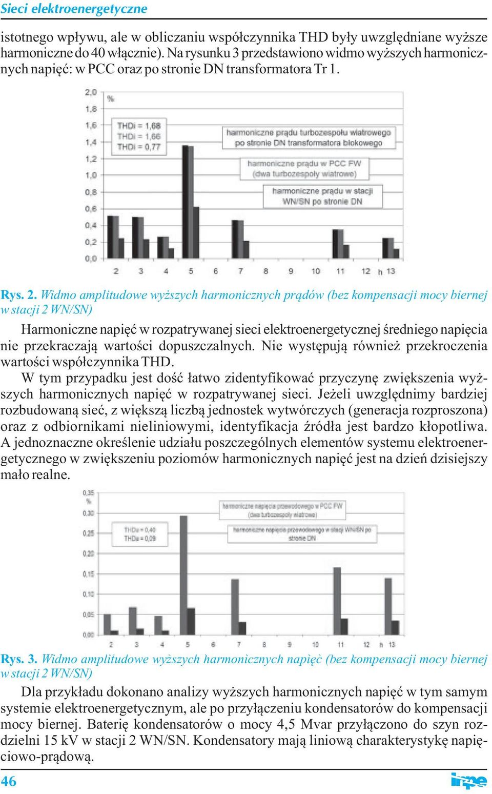 Widmo amplitudowe wyższych harmonicznych prądów (bez kompensacji mocy biernej Harmoniczne napięć w rozpatrywanej sieci elektroenergetycznej średniego napięcia nie przekraczają wartości dopuszczalnych.