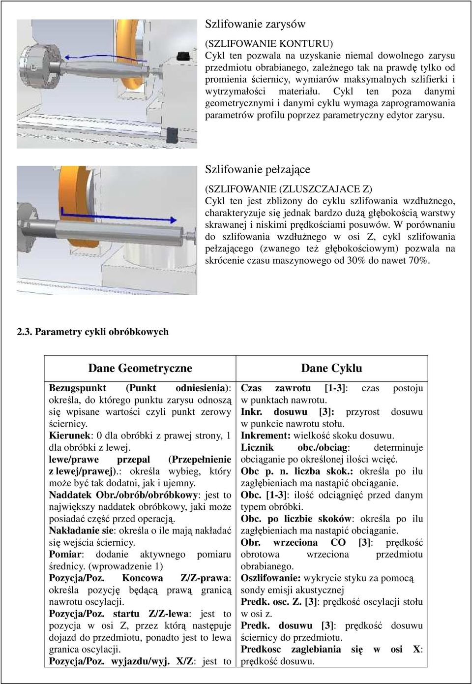 Szlifowanie pełzające (SZLIFOWANIE (ZLUSZCZAJACE Z) Cykl ten jest zbliżony do cyklu szlifowania wzdłużnego, charakteryzuje się jednak bardzo dużą głębokością warstwy skrawanej i niskimi prędkościami