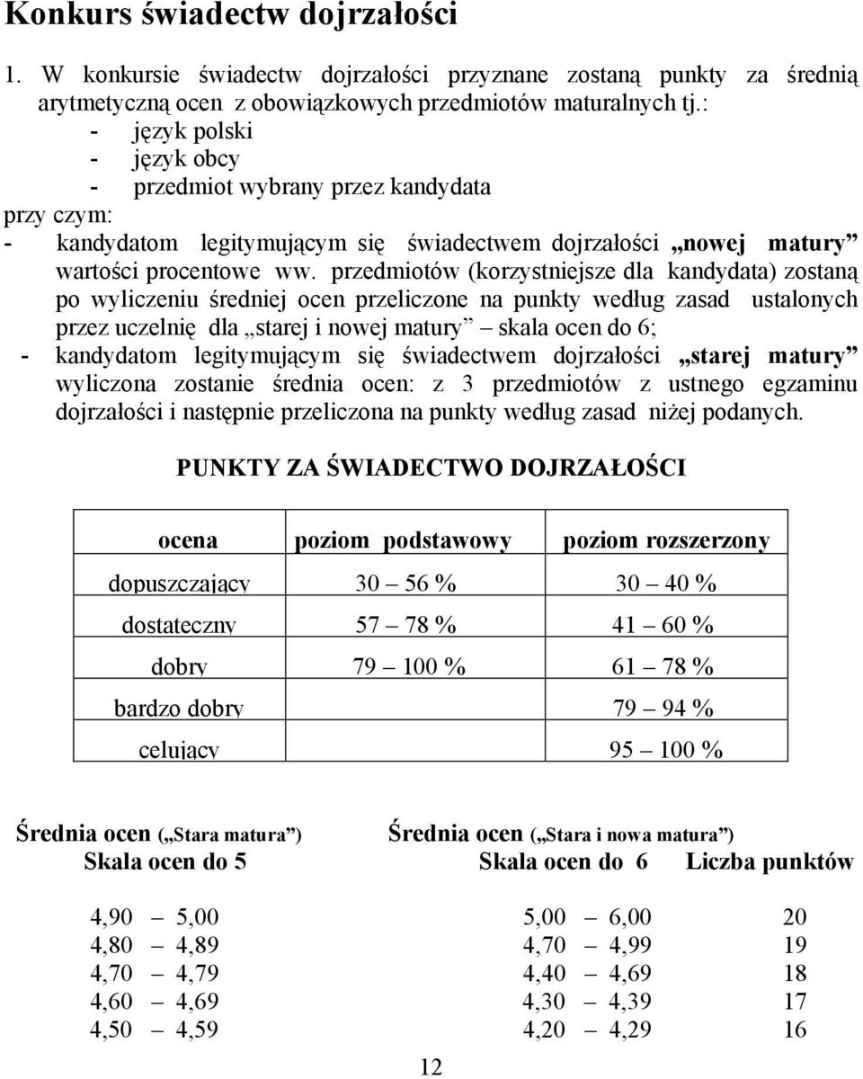 przedmiotów (korzystniejsze dla kandydata) zostaną po wyliczeniu średniej ocen przeliczone na punkty według zasad ustalonych przez uczelnię dla starej i nowej matury skala ocen do 6; - kandydatom