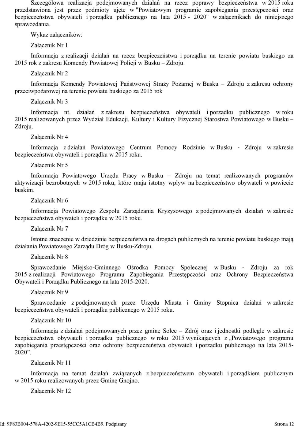 Wykaz załączników: Załącznik Nr 1 Informacja z realizacji działań na rzecz bezpieczeństwa i porządku na terenie powiatu buskiego za 2015 rok z zakresu Komendy Powiatowej Policji w Busku Zdroju.