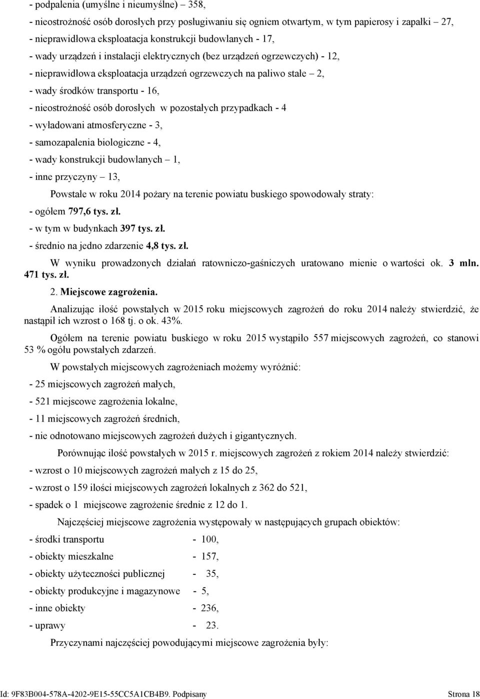 dorosłych w pozostałych przypadkach - 4 - wyładowani atmosferyczne - 3, - samozapalenia biologiczne - 4, - wady konstrukcji budowlanych 1, - inne przyczyny 13, Powstałe w roku 2014 pożary na terenie