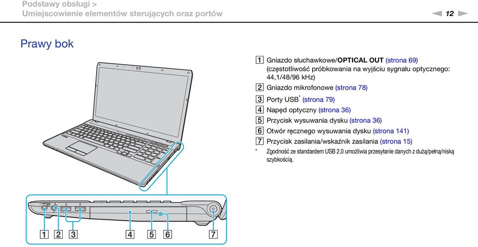 79) D apęd optyczny (strona 36) E Przycisk wysuwania dysku (strona 36) F Otwór ręcznego wysuwania dysku (strona 141) G Przycisk